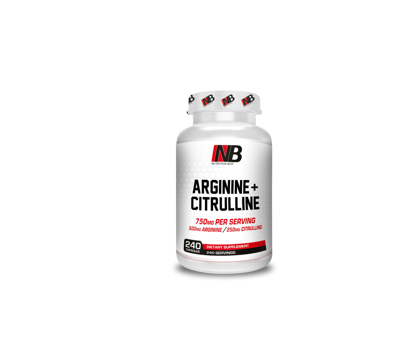 NutritionBizz Arginine & Citrulline 240 Caps – 750 mg per Serving (500 mg Arginine / 250 mg Citrulline)