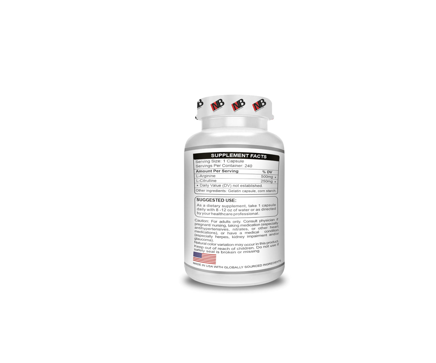 NutritionBizz Arginine & Citrulline 240 Caps – 750 mg per Serving (500 mg Arginine / 250 mg Citrulline)