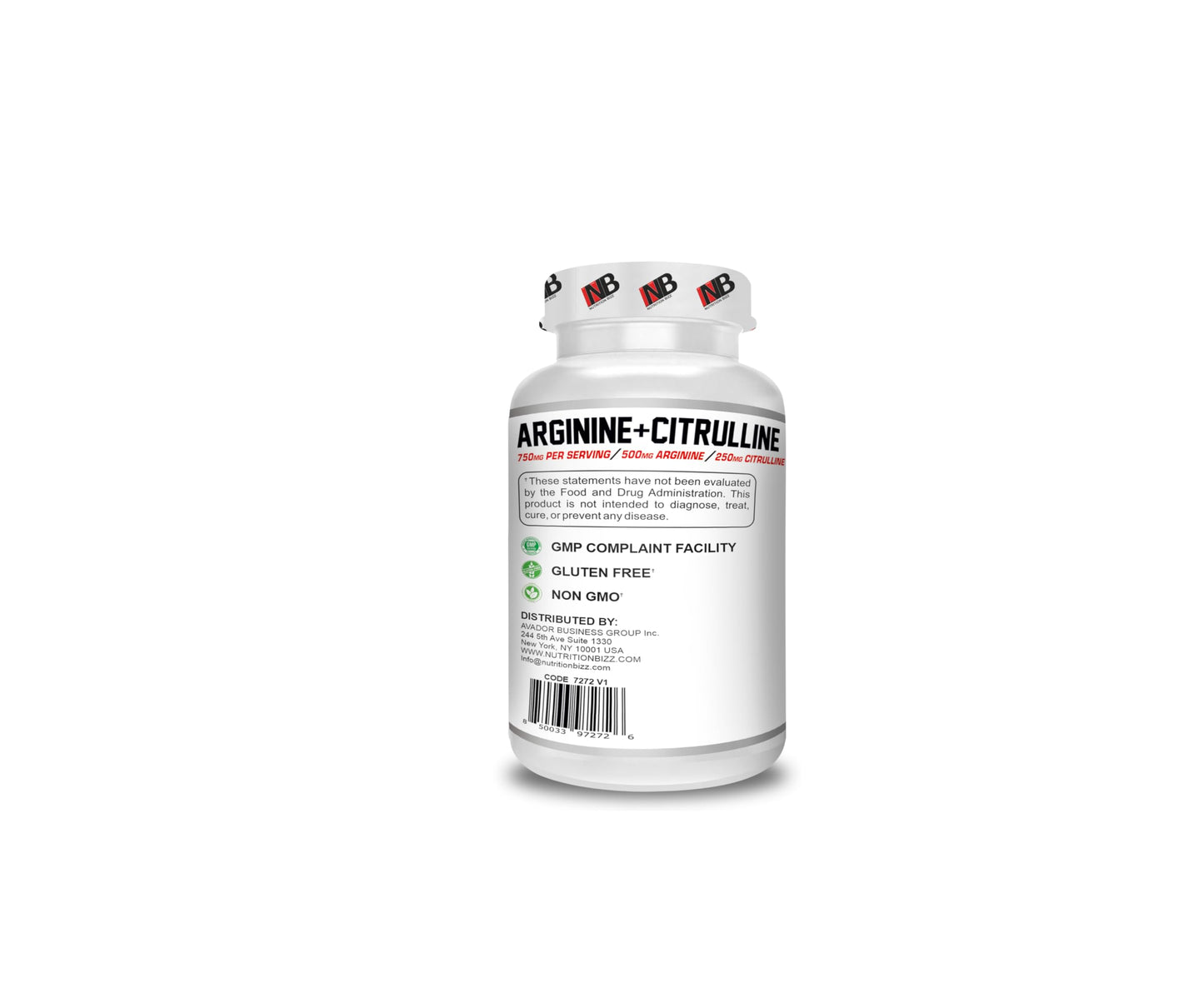NutritionBizz Arginine & Citrulline 240 Caps – 750 mg per Serving (500 mg Arginine / 250 mg Citrulline)