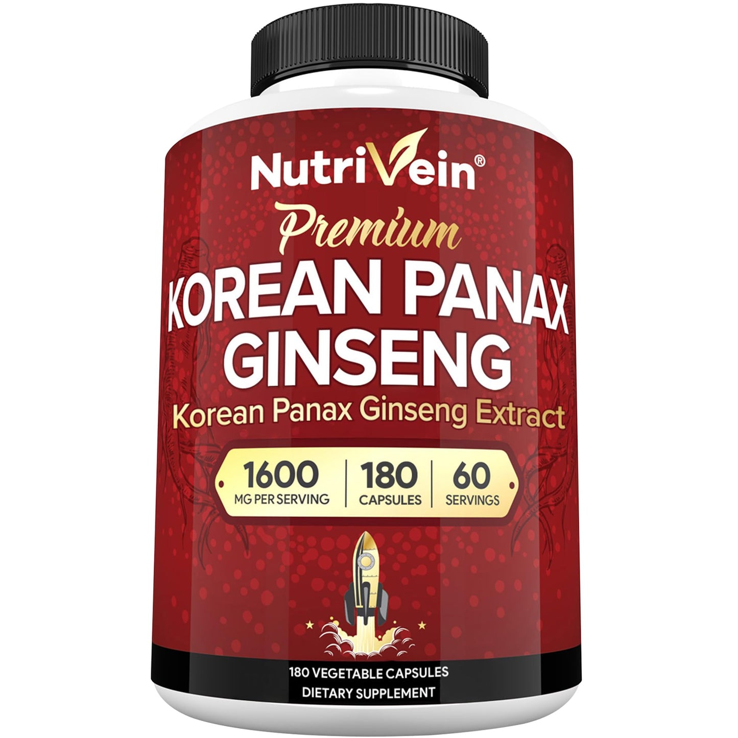 Nutrivein Korean Red Panax Ginseng 1600mg – Extra Strength Formula | 180 Capsules – Boost Energy, Focus & Immune Support