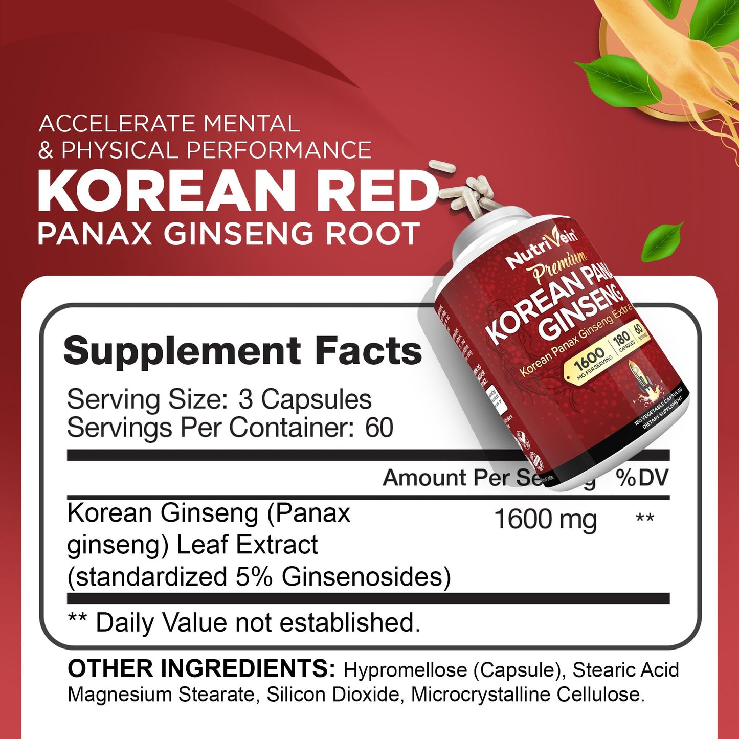 Nutrivein Korean Red Panax Ginseng 1600mg – Extra Strength Formula | 180 Capsules – Boost Energy, Focus & Immune Support