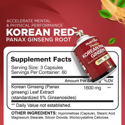Nutrivein Korean Red Panax Ginseng 1600mg – Extra Strength Formula | 180 Capsules – Boost Energy, Focus & Immune Support