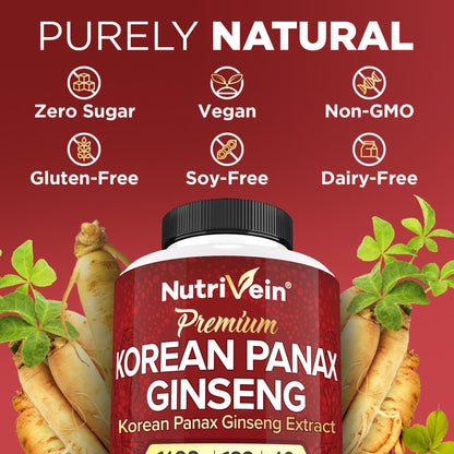 Nutrivein Korean Red Panax Ginseng 1600mg – Extra Strength Formula | 180 Capsules – Boost Energy, Focus & Immune Support