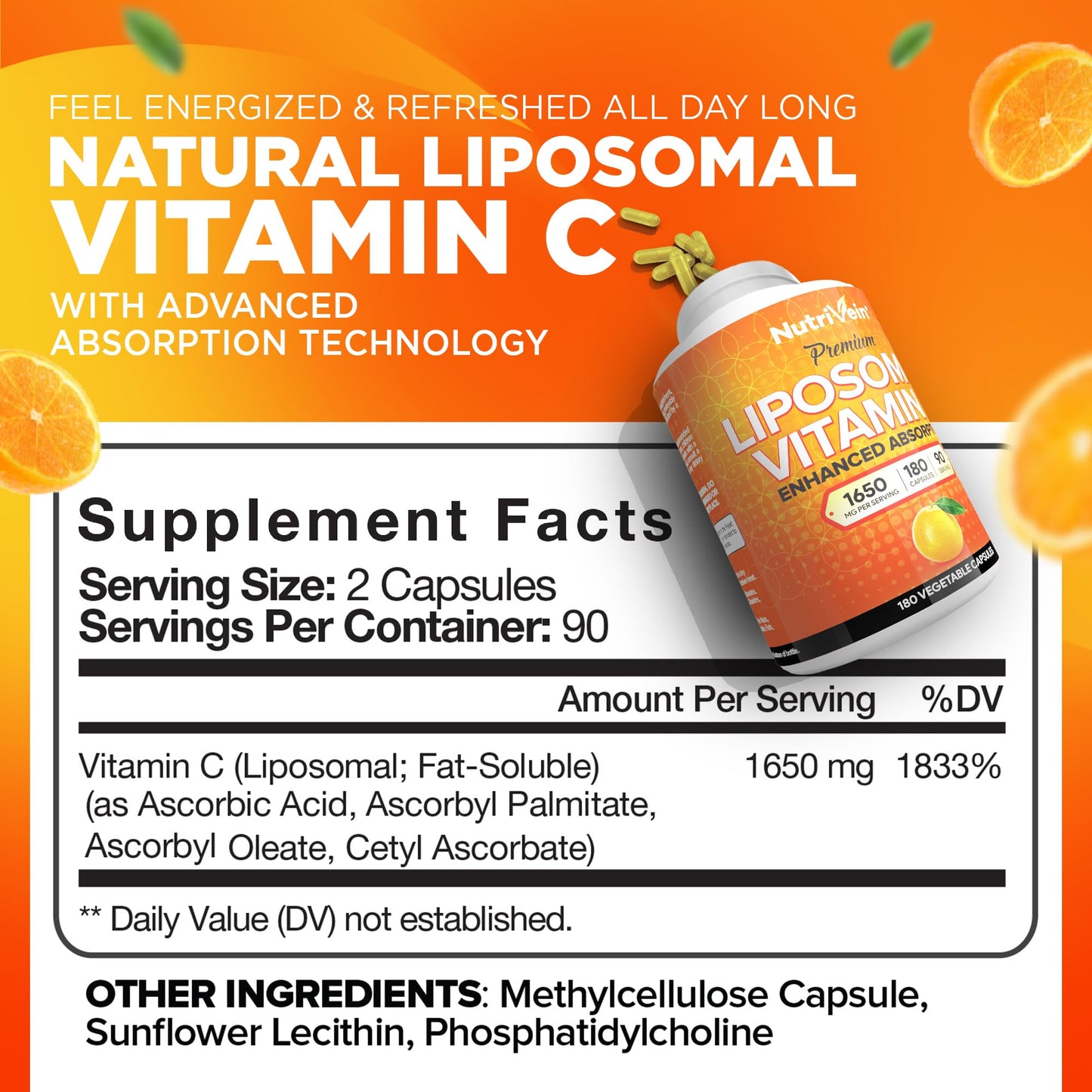 Nutrivein Liposomal Vitamin C 1650mg - 180 Caps | High-Absorption Vitamin C