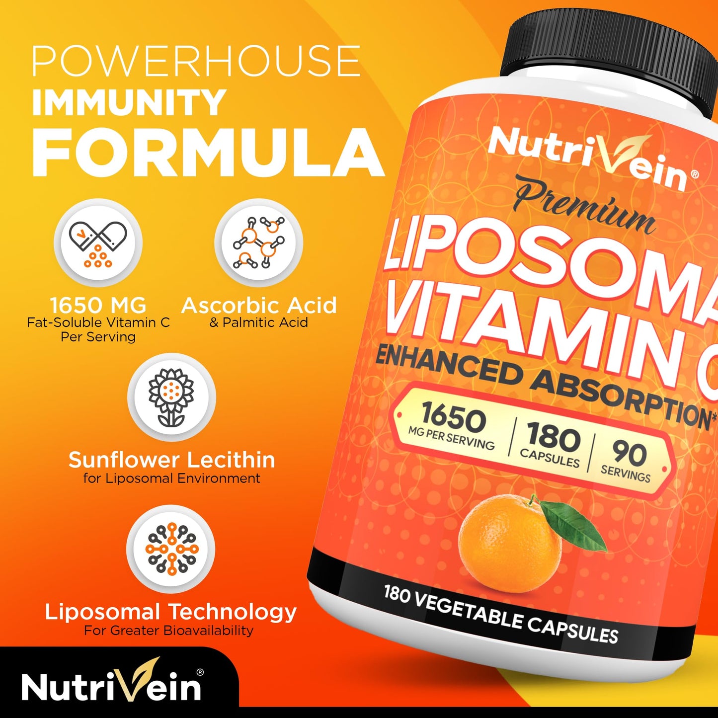 Nutrivein Liposomal Vitamin C 1650mg - 180 Caps | High-Absorption Vitamin C