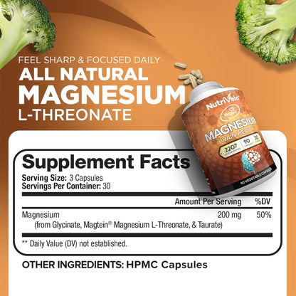 Nutrivein Magtein Magnesium L-Threonate 2207 mg – 90 Capsules | Brain, Sleep & Mood Support