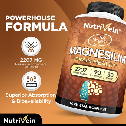 Nutrivein Magtein Magnesium L-Threonate 2207 mg – 90 Capsules | Brain, Sleep & Mood Support