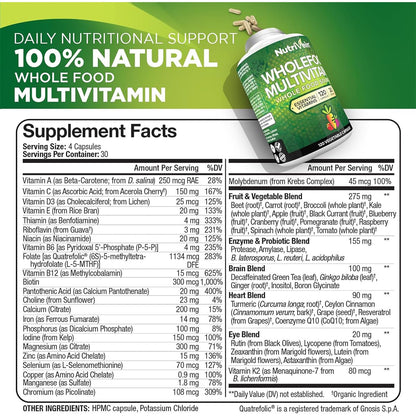 Nutrivein Whole Food Multivitamin for Men & Women – 120 Vegan Caps | Immune, Heart & Energy Support