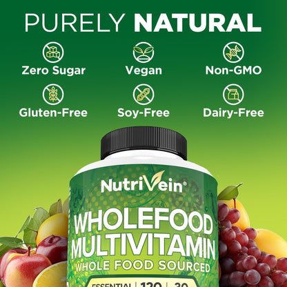Nutrivein Whole Food Multivitamin for Men & Women – 120 Vegan Caps | Immune, Heart & Energy Support