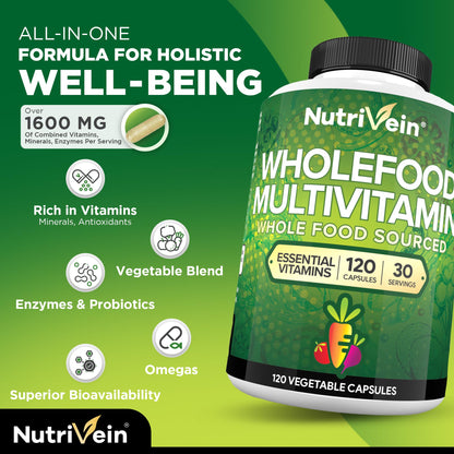 Nutrivein Whole Food Multivitamin for Men & Women – 120 Vegan Caps | Immune, Heart & Energy Support