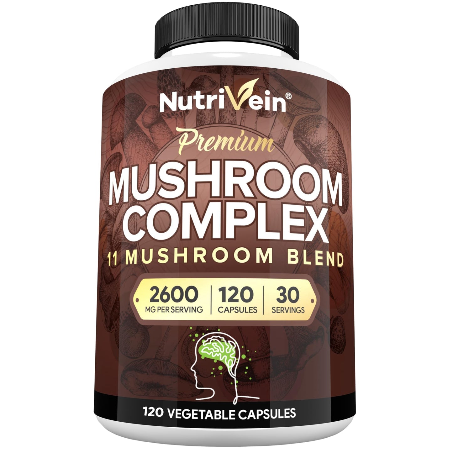 Nutrivein Premium Mushroom Supplement 2600 mg - 120 Capsules - 11-Mushroom Complex (Lion's Mane, Cordyceps, Reishi)