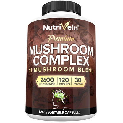 Nutrivein Premium Mushroom Supplement 2600 mg - 120 Capsules - 11-Mushroom Complex (Lion's Mane, Cordyceps, Reishi)