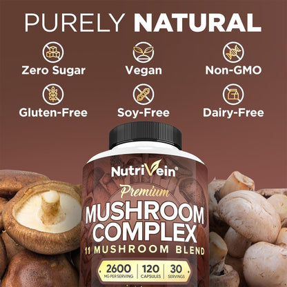 Nutrivein Premium Mushroom Supplement 2600 mg - 120 Capsules - 11-Mushroom Complex (Lion's Mane, Cordyceps, Reishi)