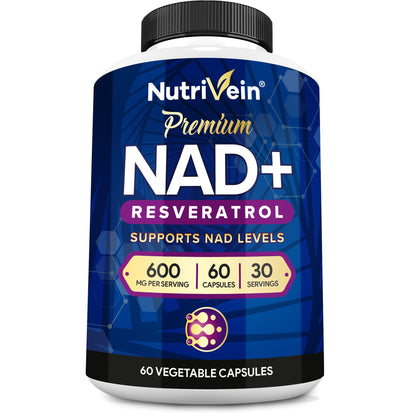 Nutrivein NAD+ + Resveratrol Supplement 600 mg – 60 Capsules (30 Servings) | Aging, Cognition, Metabolism