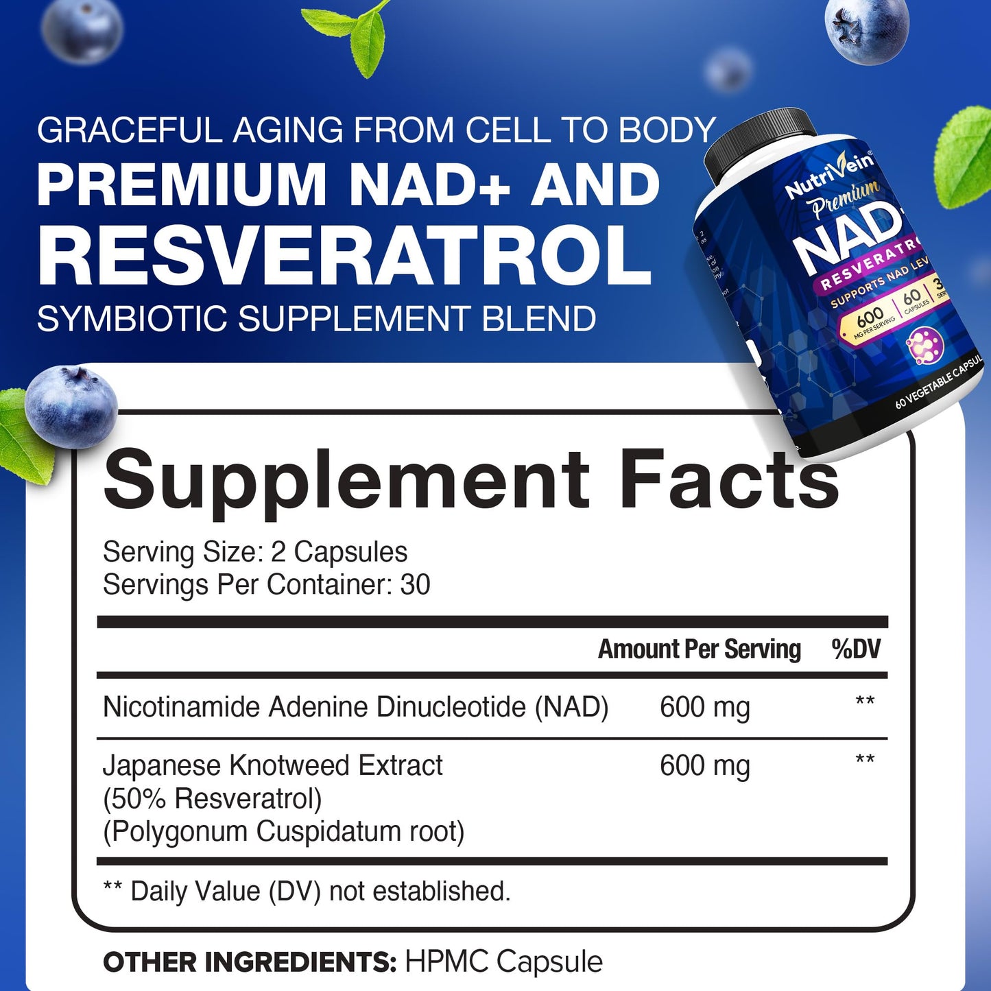 Nutrivein NAD+ + Resveratrol Supplement 600 mg – 60 Capsules (30 Servings) | Aging, Cognition, Metabolism