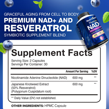 Nutrivein NAD+ + Resveratrol Supplement 600 mg – 60 Capsules (30 Servings) | Aging, Cognition, Metabolism