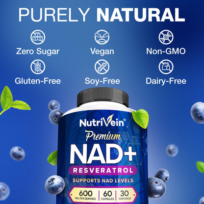 Nutrivein NAD+ + Resveratrol Supplement 600 mg – 60 Capsules (30 Servings) | Aging, Cognition, Metabolism