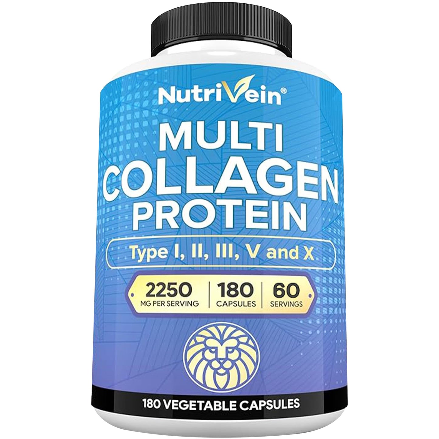 Nutrivein Premium Multi Collagen Pills 2250 mg – 180 Capsules (Type I, II, III, V, X)