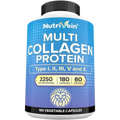 Nutrivein Premium Multi Collagen Pills 2250 mg – 180 Capsules (Type I, II, III, V, X)