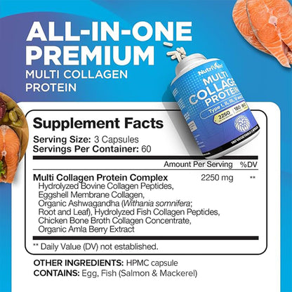 Nutrivein Premium Multi Collagen Pills 2250 mg – 180 Capsules (Type I, II, III, V, X)