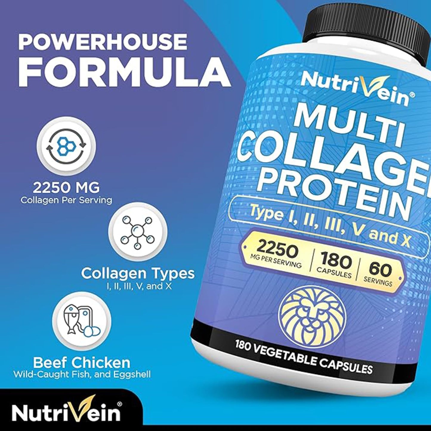 Nutrivein Premium Multi Collagen Pills 2250 mg – 180 Capsules (Type I, II, III, V, X)