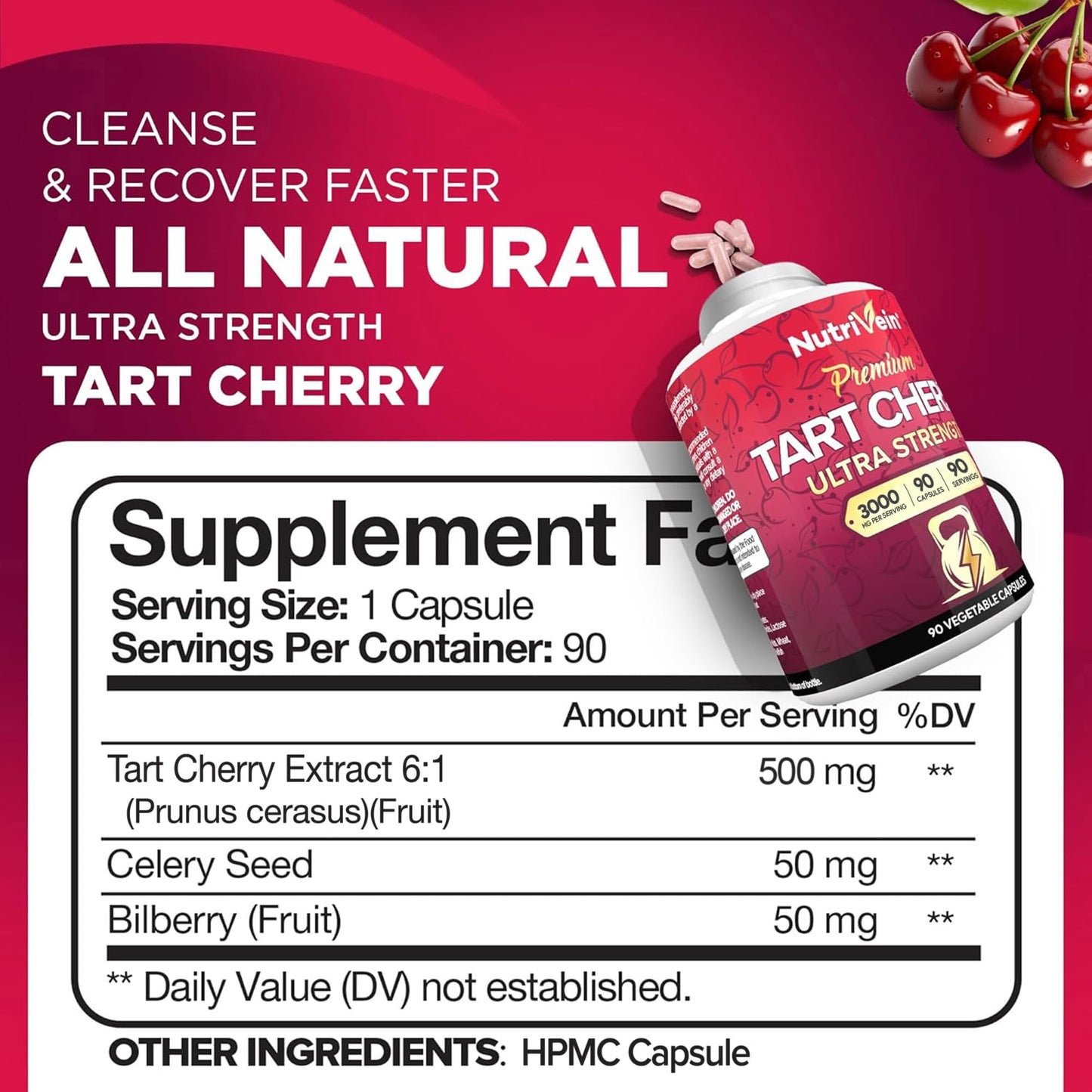 Nutrivein Tart Cherry Capsules 3000mg | Post-Workout Recovery, Sleep & Mobility