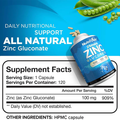 Nutrivein Zinc Gluconate 100mg (120 Caps) – High-Absorption Zinc for Wellness