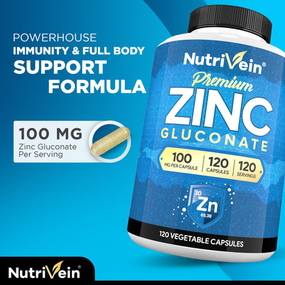 Nutrivein Zinc Gluconate 100mg (120 Caps) – High-Absorption Zinc for Wellness