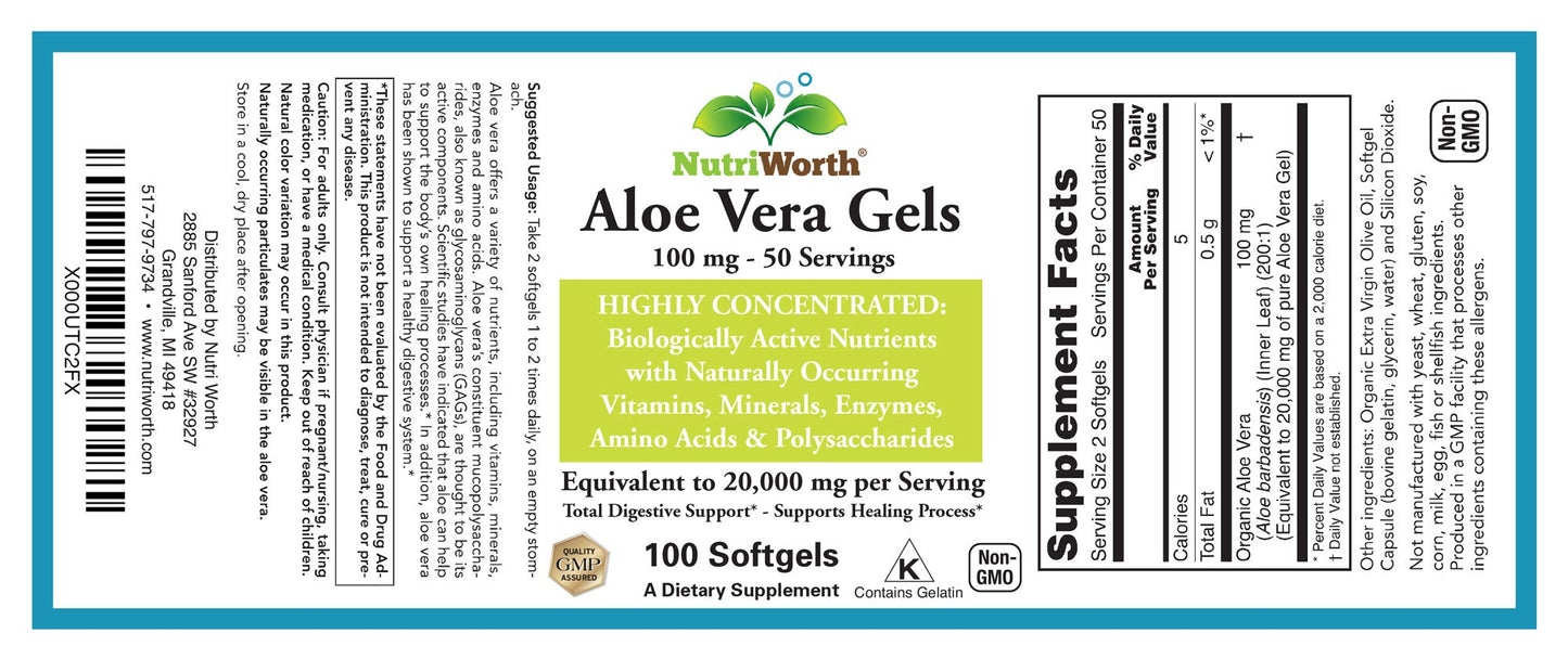 NutriWorth Aloe Vera Supplement (100 Softgels) – 20,000mg Pure Gel Equivalency, Organic Aloe Vera