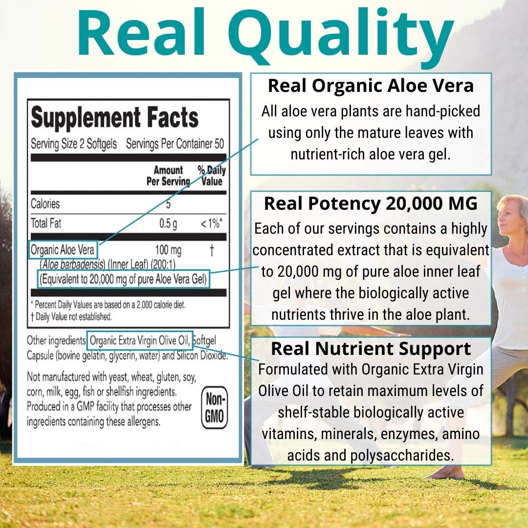 NutriWorth Aloe Vera Supplement (100 Softgels) – 20,000mg Pure Gel Equivalency, Organic Aloe Vera