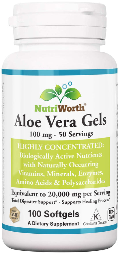 NutriWorth Aloe Vera Supplement (100 Softgels) – 20,000mg Pure Gel Equivalency, Organic Aloe Vera