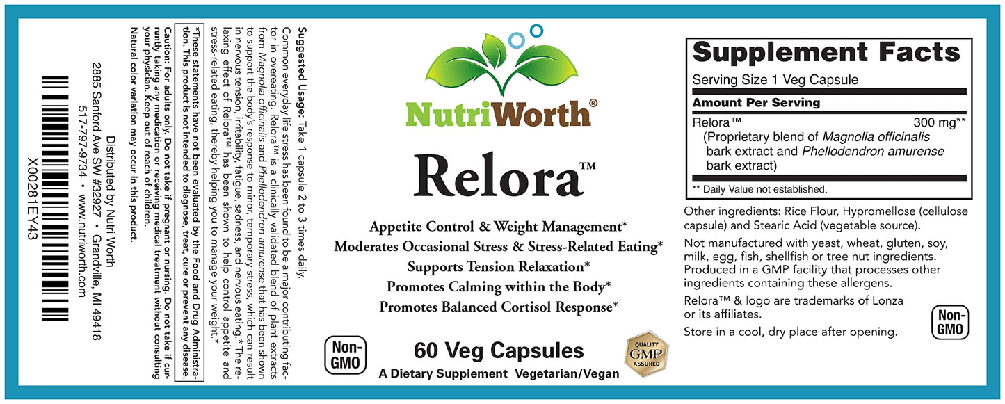 NutriWorth Relora - Stress & Weight Management Supplement. 300MG Vegetable Capsules - 60 Servings per Bottle