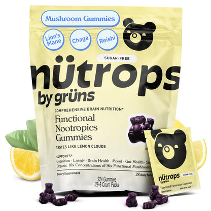 Grüns Nutrops Sugar-Free Lions Mane Gummies — Focus, Energy & Brain Health (28 Day Supply)