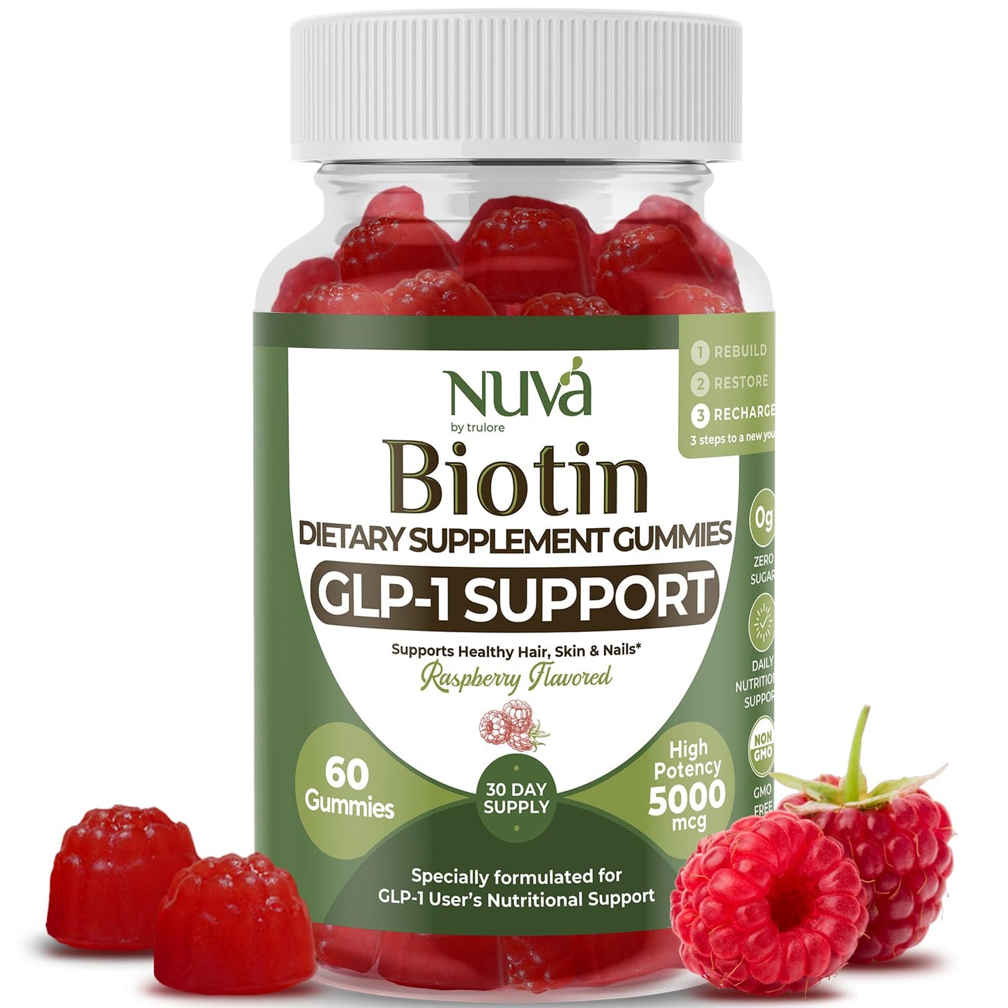 NuVa by Trulore Biotin Gummies 5000 mcg | GLP-1 Support for Hair, Skin & Nails | Vegan, Zero Sugar | Raspberry Flavor | 60 Gummies