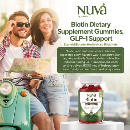 NuVa by Trulore Biotin Gummies 5000 mcg | GLP-1 Support for Hair, Skin & Nails | Vegan, Zero Sugar | Raspberry Flavor | 60 Gummies