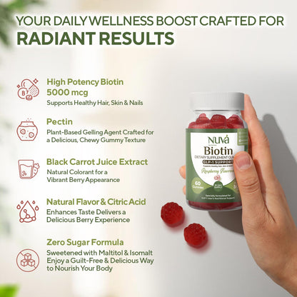 NuVa by Trulore Biotin Gummies 5000 mcg | GLP-1 Support for Hair, Skin & Nails | Vegan, Zero Sugar | Raspberry Flavor | 60 Gummies