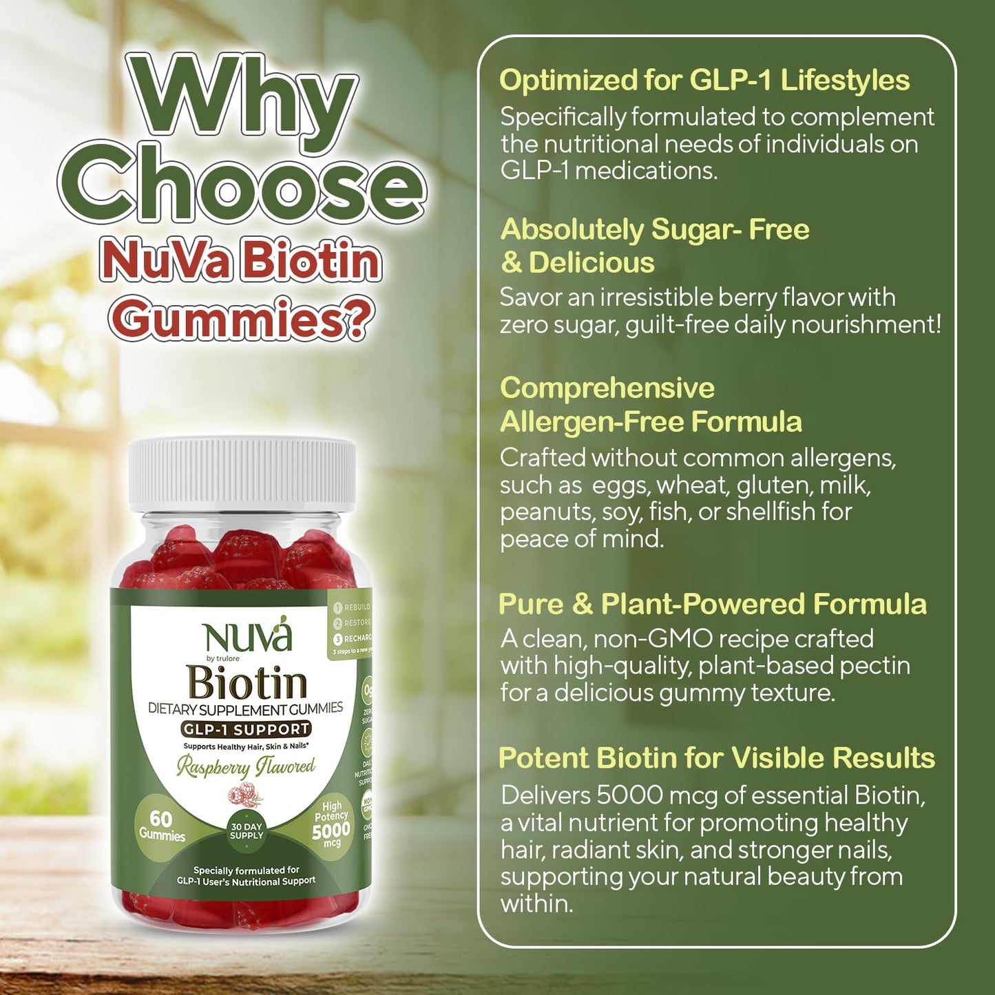 NuVa by Trulore Biotin Gummies 5000 mcg | GLP-1 Support for Hair, Skin & Nails | Vegan, Zero Sugar | Raspberry Flavor | 60 Gummies
