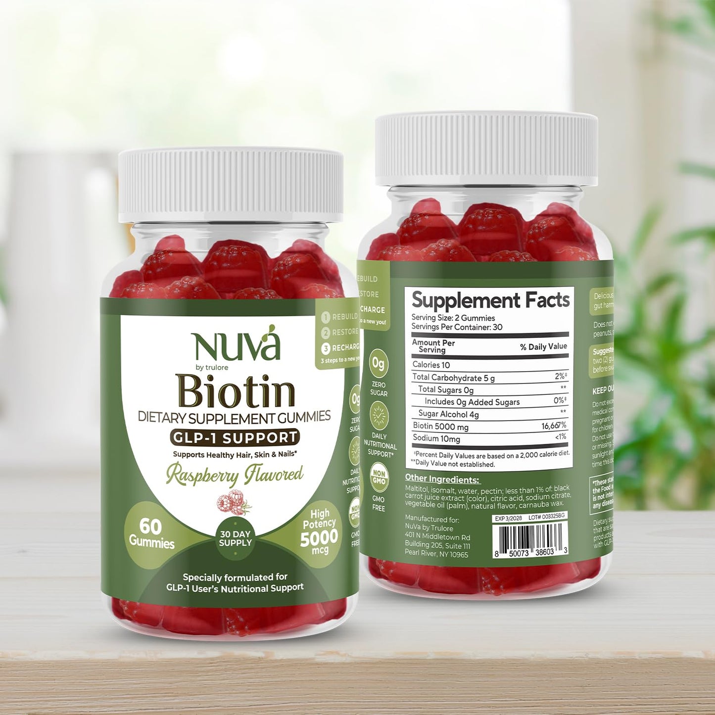 NuVa by Trulore Biotin Gummies 5000 mcg | GLP-1 Support for Hair, Skin & Nails | Vegan, Zero Sugar | Raspberry Flavor | 60 Gummies