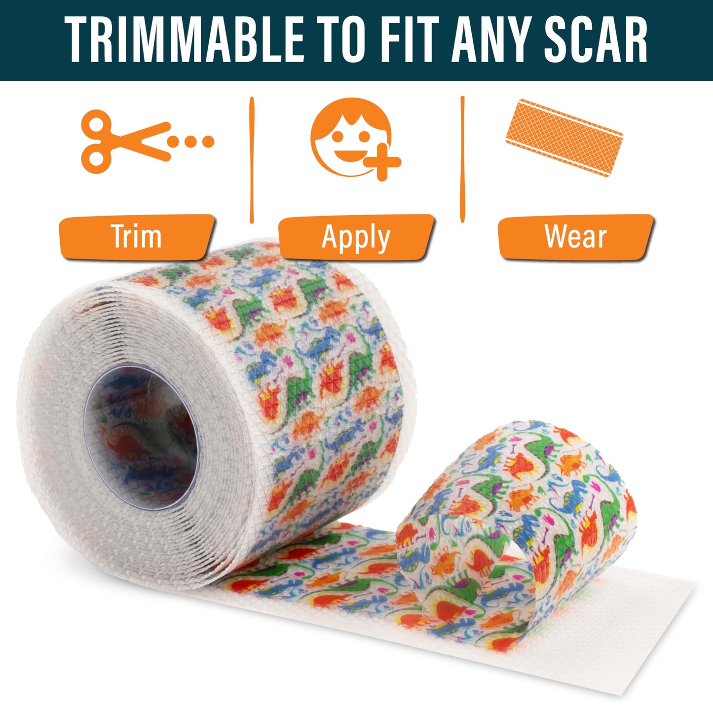 NUVADERMIS Silicone Scar Tape for Kids – Reusable Medical-Grade Scar Care (120 inch x 1.5 inch) – Dinosaurs