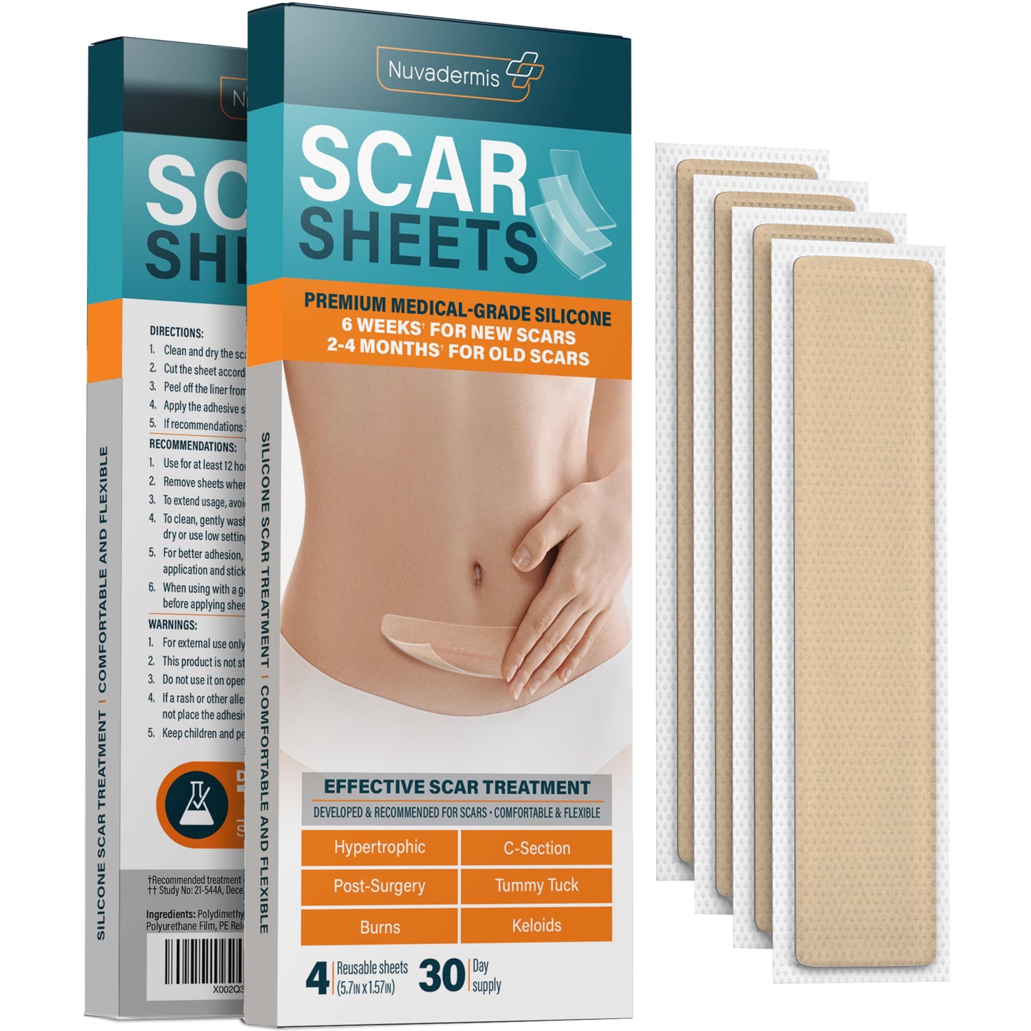 NUVADERMIS Silicone Scar Sheets - Extra Long, Reusable Medical-Grade for C-Section, Tummy Tuck & Surgical Scars
