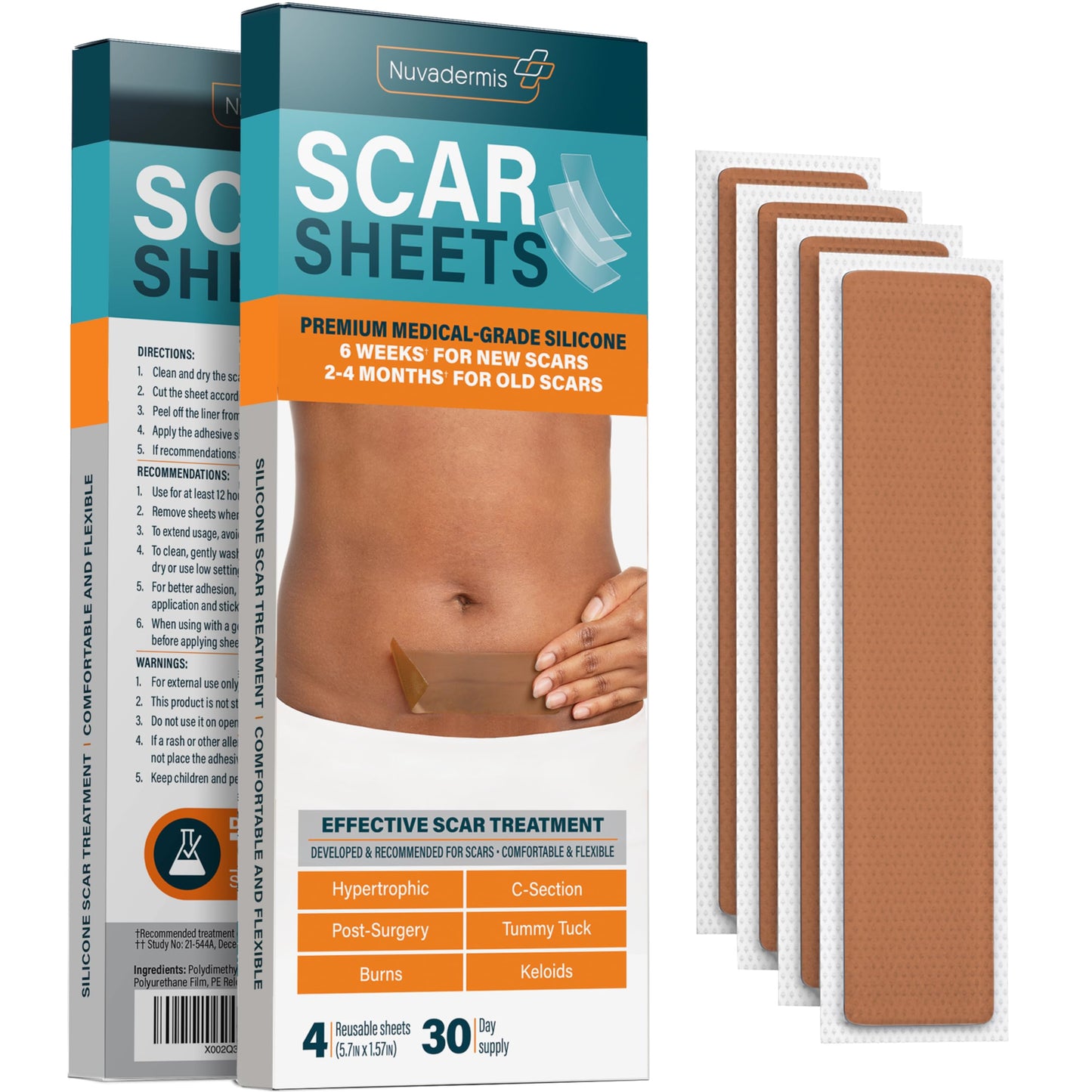 NUVADERMIS Silicone Scar Sheets – Extra Long Medical-Grade Sheets for C-Section, Tummy Tuck, Keloid & Surgical Scars – Pack of 4