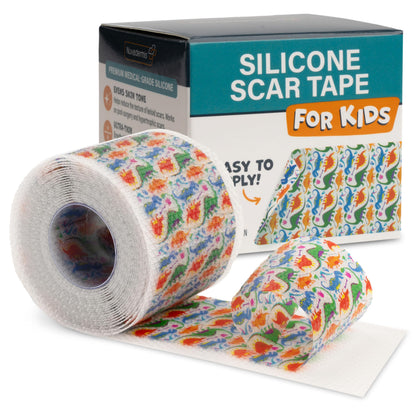 NUVADERMIS Silicone Scar Tape for Kids – Reusable Medical-Grade Scar Care (120 inch x 1.5 inch) – Dinosaurs