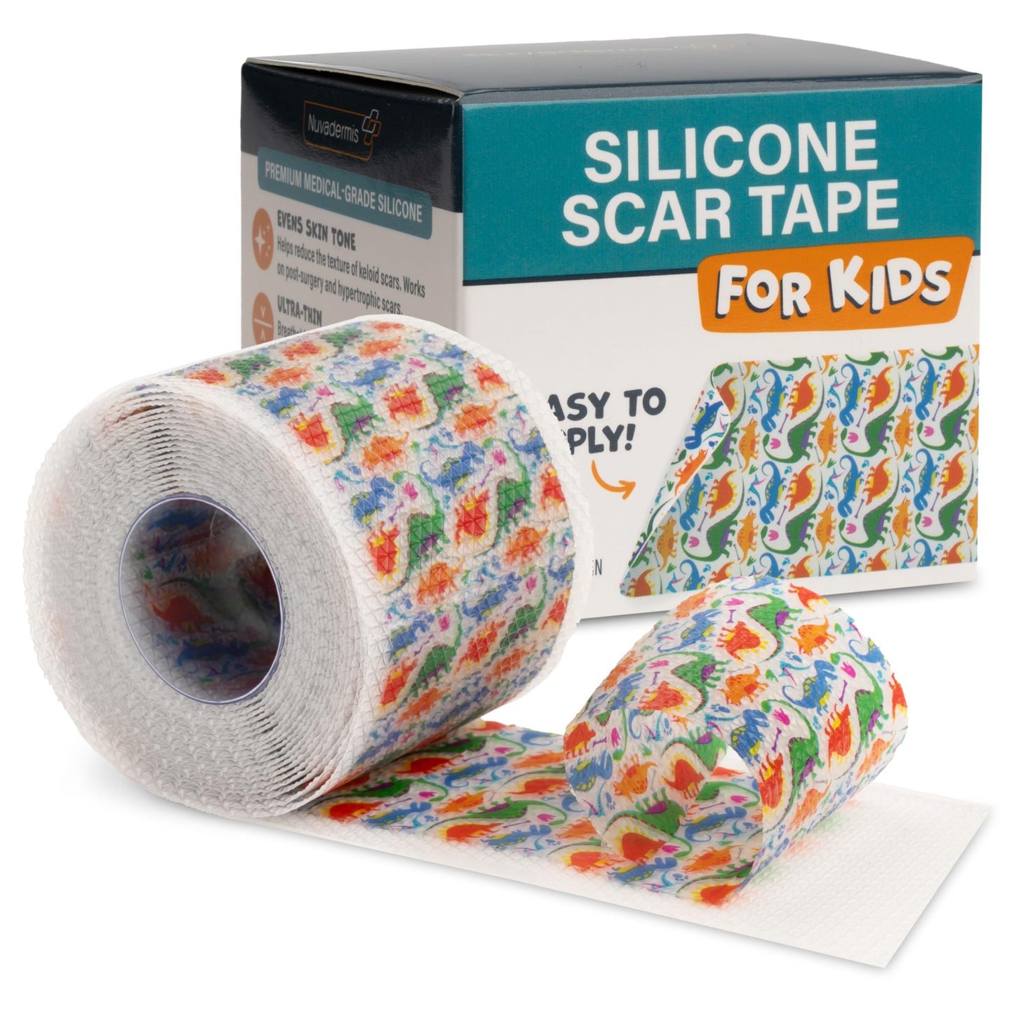 NUVADERMIS Silicone Scar Tape for Kids – Reusable Medical-Grade Scar Care (120 inch x 1.5 inch) – Dinosaurs