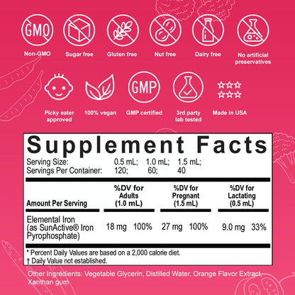 Nuvamin Liquid Iron Drops – 18 mg Elemental Iron, 60 Servings, Orange Flavor