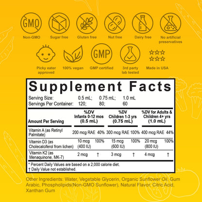 Nuvamin Liposomal Vitamin A & D3 Drops with K2 – Lemon Flavor | 800 IU/mL | 2 oz (60 ml) | For Babies, Toddlers, Kids & Adults