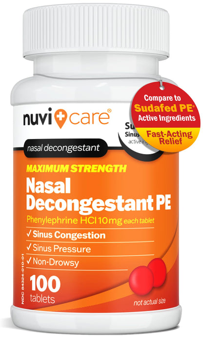 NUVICARE Max Strength PE Phenylephrine HCl 10mg Non-Drowsy Nasal Decongestant - 100 Count
