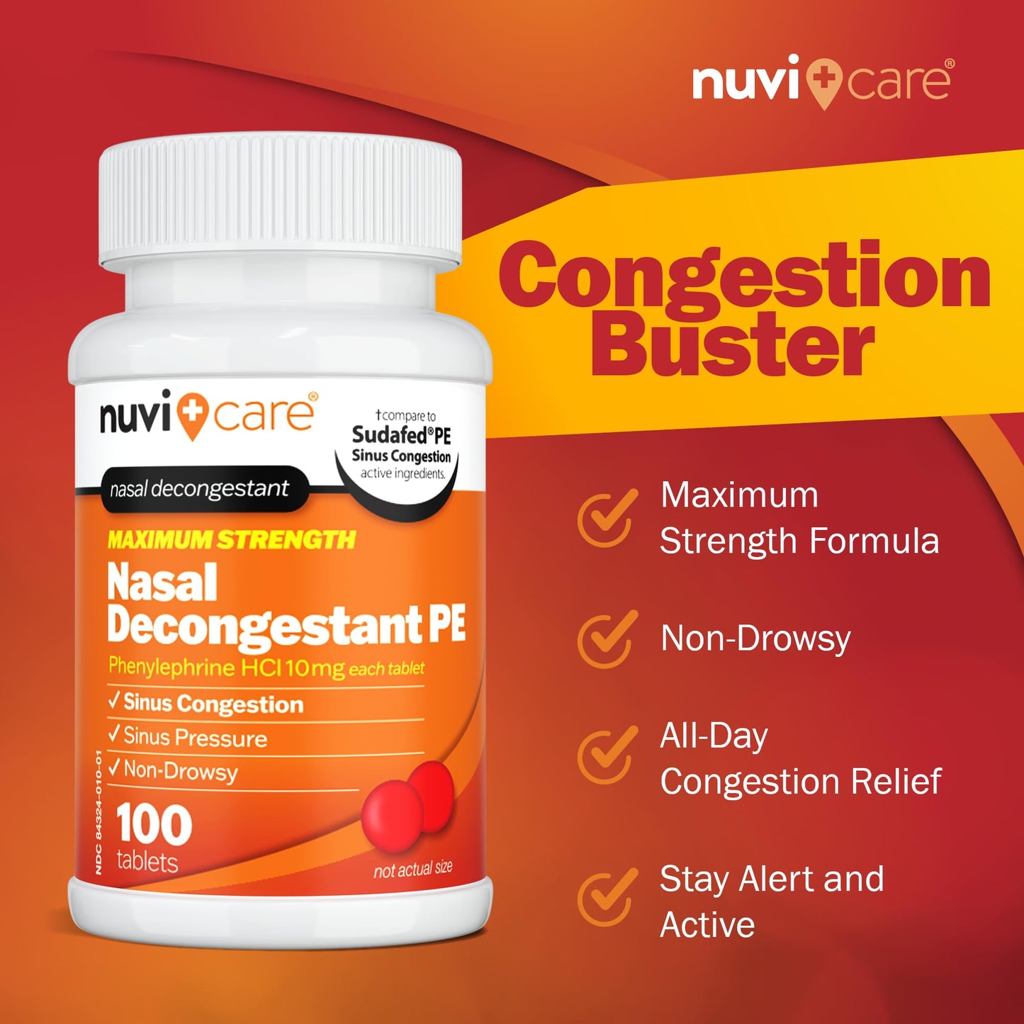 NUVICARE Max Strength PE Phenylephrine HCl 10mg Non-Drowsy Nasal Decongestant - 100 Count