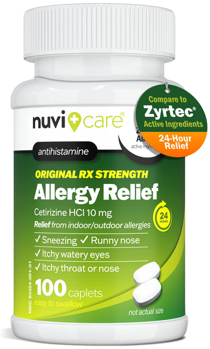 NUVICARE 24-Hour Allergy Medicine - Cetirizine HCl 10 mg Tablets - Compare to Zyrtec - 100 Count