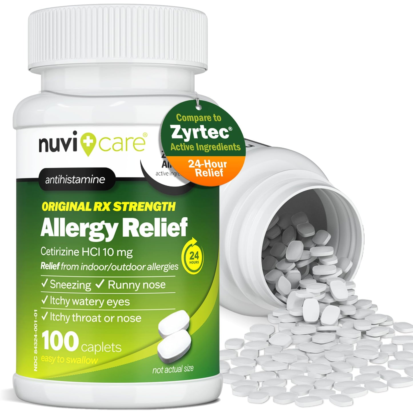 NUVICARE 24-Hour Allergy Medicine - Cetirizine HCl 10 mg Tablets - Compare to Zyrtec - 100 Count