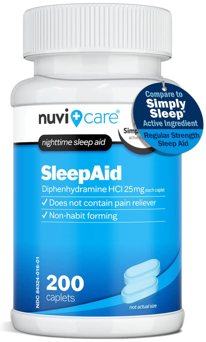 NUVICARE Nighttime Sleep Aid 25 mg Diphenhydramine HCl | Non-Habit Forming OTC Sleep Pills for Adults (200 Caplets)